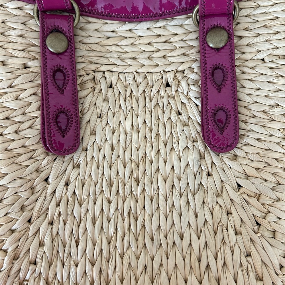Lucky Brand Woven Straw Tote Patent Leather Beach Bag Boho Resort Large - Picture 6 of 9